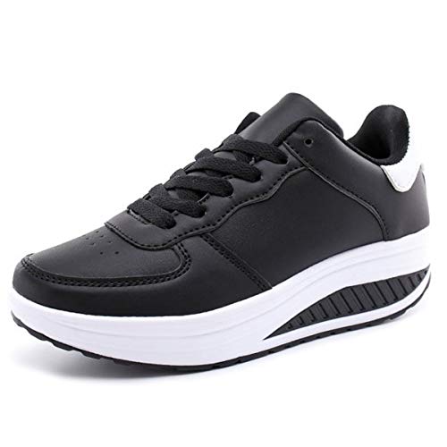 Mujer Zapatillas de Deporte Cuña Zapatos para Caminar Aptitud Plataforma Sneakers con Cordones Calzado de Tacón 4cm Negro EU 36