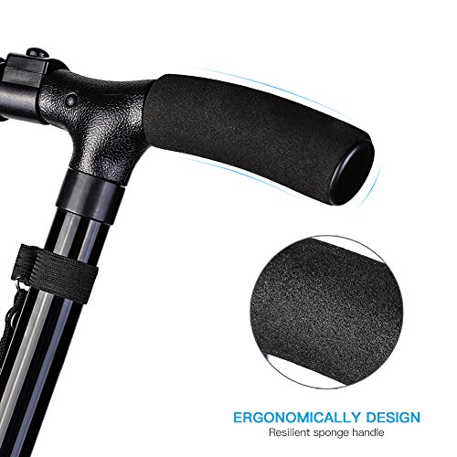 Muleta Plegable Ligero Muleta Ajustable para Caminar con Estable Base de Cuatro Patas y LED Linterna para Adultos Ancianos Hombre y Mujer(Una Manija)