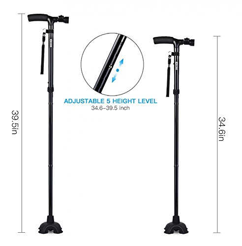 Muleta Plegable Ligero Muleta Ajustable para Caminar con Estable Base de Cuatro Patas y LED Linterna para Adultos Ancianos Hombre y Mujer(Una Manija)