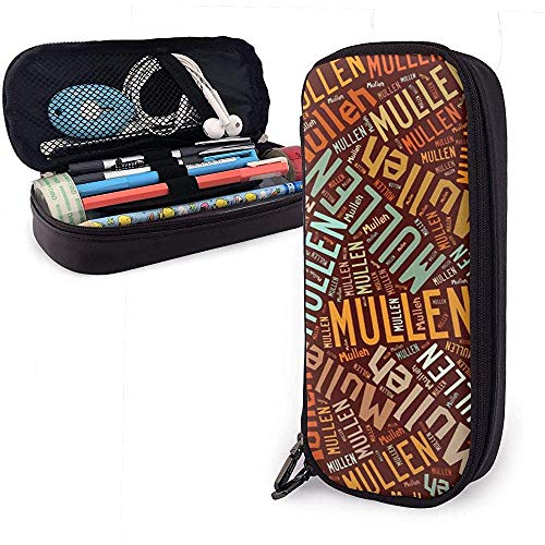 Mullen - Estuche de lápices de cuero de gran capacidad con apellido americano, lápiz, lápiz, papelería, organizador, marcador escolar, bolígrafo, bolsa de papelería para estudiantes