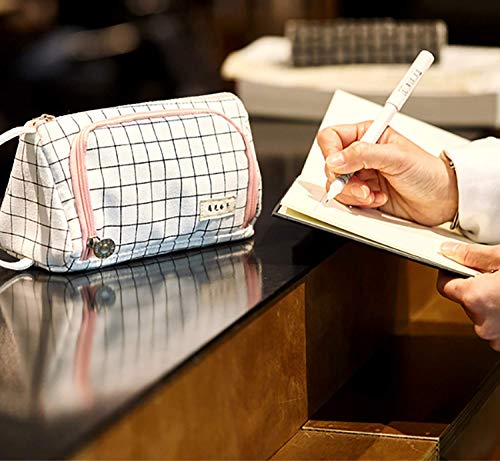Multifuncional Estuche de lápices de Gran Capacidad Bolsa de Lona Premium Bolsa de lápiz Organizador de papelería para niña（Blanco a cuadros）