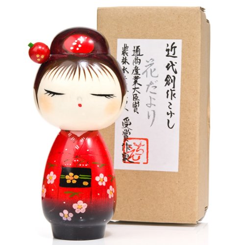 Muñeca japonesa Kokeshi con horquilla en el cabello, color rojo