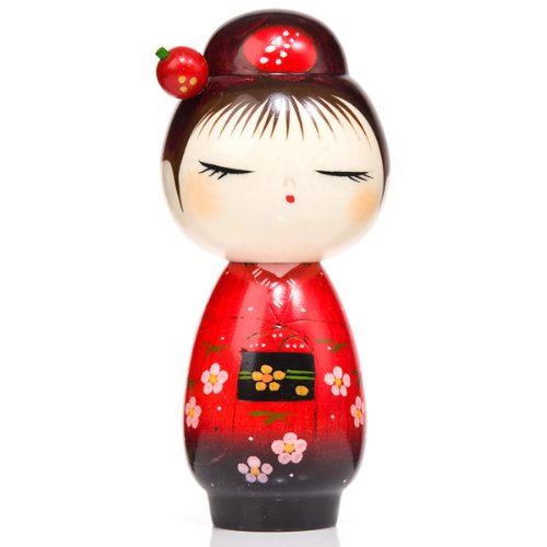 Muñeca japonesa Kokeshi con horquilla en el cabello, color rojo
