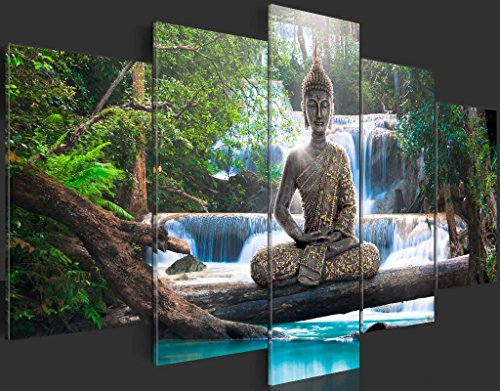 murando - Cuadro en Lienzo Buda 200x100 cm Impresión de 5 Piezas Material Tejido no Tejido Impresión Artística Imagen Gráfica Decoracion de Pared Oriente Zen Cascada c-A-0021-b-n