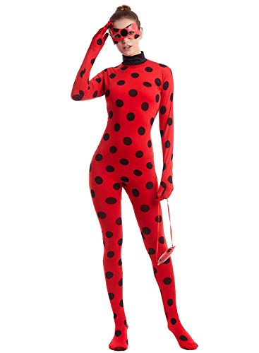 MYRISAM Disfraz de Mariquita Milagrosa para Adulto Mujer Halloween Ladybug Viste A Cosplay Leotardo Bodysuit con Lunares + Máscara de ojos + Yo-Yo Bolsa Niños 3Pcs Trajes de Partido Carnaval L
