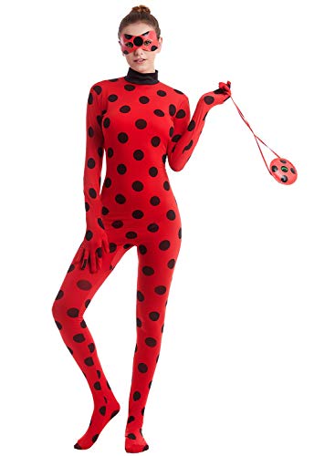MYRISAM Disfraz de Mariquita Milagrosa para Adulto Mujer Halloween Ladybug Viste A Cosplay Leotardo Bodysuit con Lunares + Máscara de ojos + Yo-Yo Bolsa Niños 3Pcs Trajes de Partido Carnaval L