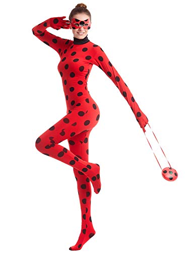 MYRISAM Disfraz de Mariquita Milagrosa para Adulto Mujer Halloween Ladybug Viste A Cosplay Leotardo Bodysuit con Lunares + Máscara de ojos + Yo-Yo Bolsa Niños 3Pcs Trajes de Partido Carnaval L