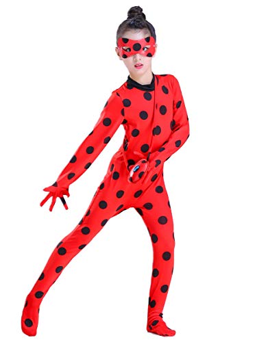 MYRISAM Disfraz de Mariquita Milagrosa para Niña Halloween Ladybug Viste A Cosplay Leotardo Bodysuit con Lunares + Máscara de Ojos + Yo-Yo Bolsa Niños 3Pcs Trajes de Partido Carnaval 9-10 años