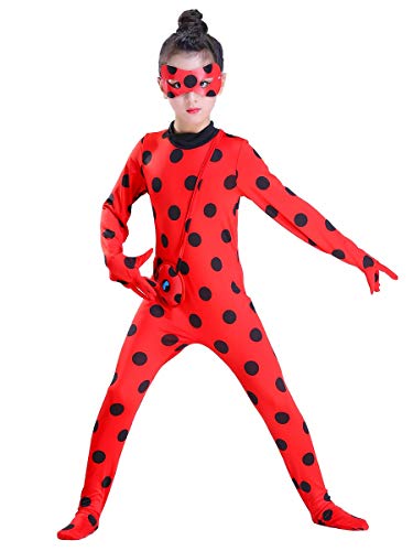MYRISAM Disfraz de Mariquita Milagrosa para Niña Halloween Ladybug Viste A Cosplay Leotardo Bodysuit con Lunares + Máscara de Ojos + Yo-Yo Bolsa Niños 3Pcs Trajes de Partido Carnaval 9-10 años