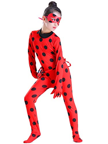 MYRISAM Disfraz de Mariquita Milagrosa para Niña Halloween Ladybug Viste A Cosplay Leotardo Bodysuit con Lunares + Máscara de Ojos + Yo-Yo Bolsa Niños 3Pcs Trajes de Partido Carnaval 9-10 años