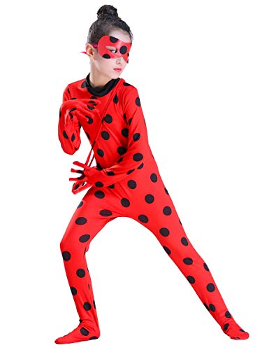 MYRISAM Disfraz de Mariquita Milagrosa para Niña Halloween Ladybug Viste A Cosplay Leotardo Bodysuit con Lunares + Máscara de Ojos + Yo-Yo Bolsa Niños 3Pcs Trajes de Partido Carnaval 9-10 años