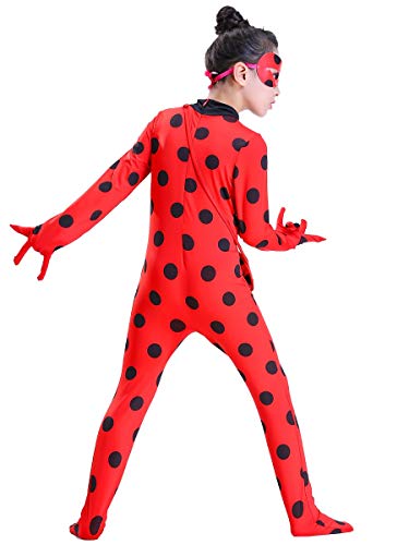 MYRISAM Disfraz de Mariquita Milagrosa para Niña Halloween Ladybug Viste A Cosplay Leotardo Bodysuit con Lunares + Máscara de Ojos + Yo-Yo Bolsa Niños 3Pcs Trajes de Partido Carnaval 9-10 años