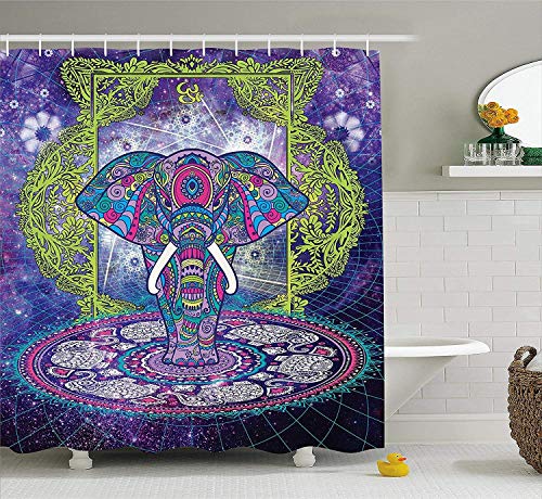 N / A Cortina de Ducha étnica Figura Sagrada Elefante de pie en Mandala en el Espacio Exterior Cosmos diseño Hippie Tela hogar Impermeable Cortina de Ducha Decorativa a Prueba de Moho A96 150x180cm