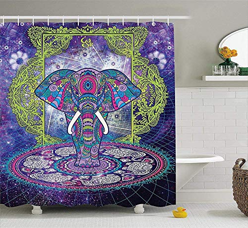 N / A Cortina de Ducha étnica Figura Sagrada Elefante de pie en Mandala en el Espacio Exterior Cosmos diseño Hippie Tela hogar Impermeable Cortina de Ducha Decorativa a Prueba de Moho A96 150x180cm
