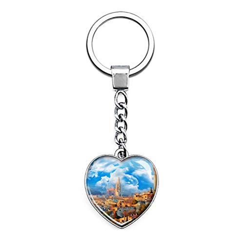 "N/A" Catedral de España Girona Llavero Creatividad única Regalo de Recuerdo turístico Cadena de Cristal de Acero Inoxidable en Forma de corazón