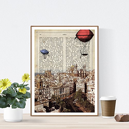 Nacnic Lámina Ciudad de Cadiz. Estilo Vintage. Ilustración, fotografía y Collage con la Historia DE Cadiz. Poster tamaño A4 Impreso en Papel
