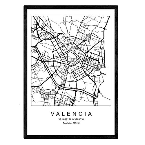 Nacnic Lámina Mapa de la Ciudad Valencia Estilo nordico en Blanco y Negro. Poster tamaño A3 Enmarcado con Marco Negro Impreso Papel 250 gr. Cuadros, láminas y Posters para Salon y Dormitorio