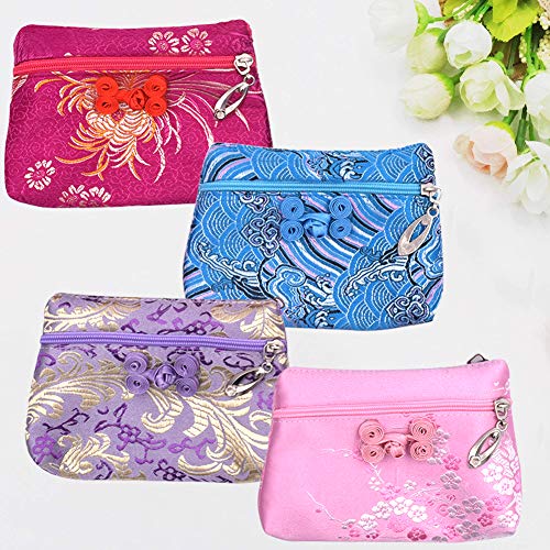 NALCY Chino Vintage Monedero de Seda, Bolsas de Almacenamiento de Joyas, Juego de Brocado de Seda China, 2 Bolsillos con Cremallera Borla de Bolsa de joyería Bolsa, Juego de 4