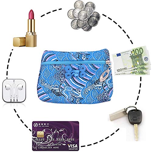 NALCY Chino Vintage Monedero de Seda, Bolsas de Almacenamiento de Joyas, Juego de Brocado de Seda China, 2 Bolsillos con Cremallera Borla de Bolsa de joyería Bolsa, Juego de 4