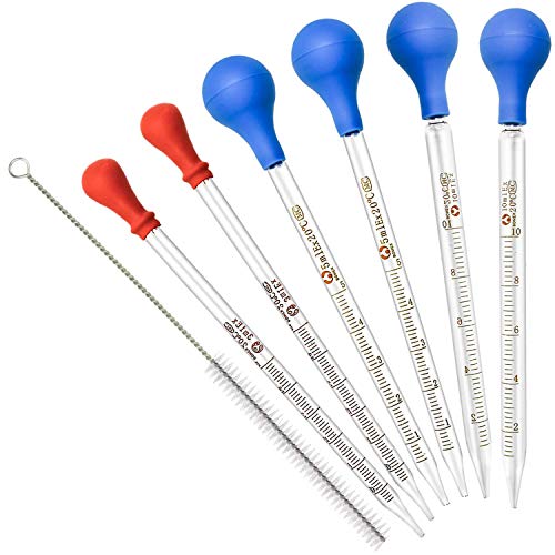 NATEE 6pcs Pipeta Cristal de Laboratorio 3ml 5ml 10ml con Cepillo, Pipeta de Transferencia de Líquido con Cabeza de Goma para Experimento Estudios Medicina Pintura