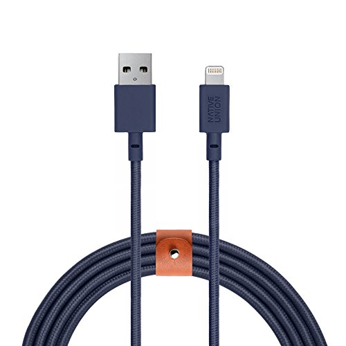Native Union Belt XL Cable - 3 Metres Ultra-Robusto Reforzado [Certificado Apple MFi] Cable de Carga Lightning a USB con Correa de Cuero (Marine)