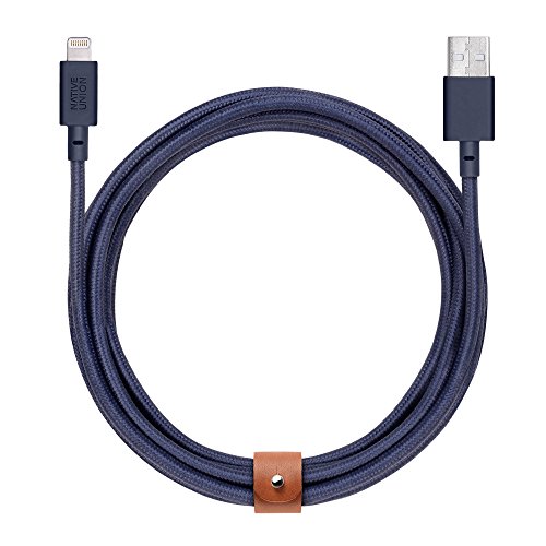 Native Union Belt XL Cable - 3 Metres Ultra-Robusto Reforzado [Certificado Apple MFi] Cable de Carga Lightning a USB con Correa de Cuero (Marine)