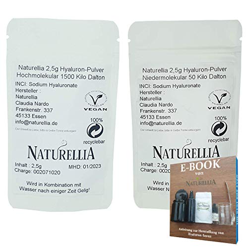 Naturellia Acido Hialuronico 2,5 Gramos 50 k-Dalton Bajo Peso + 2,5 Gramos 1500 k-Dalton Alto Peso Molecular Para el Efecto de Superficie - Solo Mezclar una Crema Antienvejecimiento en el Hogar