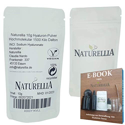 Naturellia Acido Hialuronico Polvo 10 Gramos 1500 k-Dalton Altamente Concentrado - Alto Peso Molecular Para el Efecto de Superficie - Solo Mezclar una Crema Antienvejecimiento en el Hogar