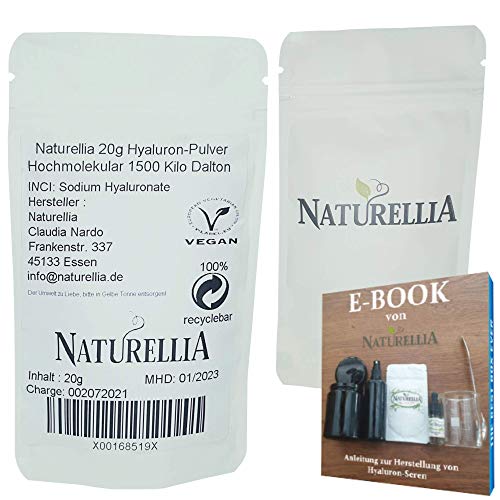 Naturellia Acido Hialuronico Polvo 20 Gramos 1500 k-Dalton Altamente Concentrado - Alto Peso Molecular Para el Efecto de Superficie DIY