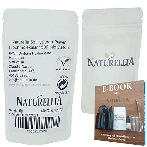 Naturellia Acido Hialuronico Polvo 5 Gramos 1500 k-Dalton Altamente Concentrado - Alto Peso Molecular Para el Efecto de Superficie - Solo Mezclar una Crema Antienvejecimiento en el Hogar
