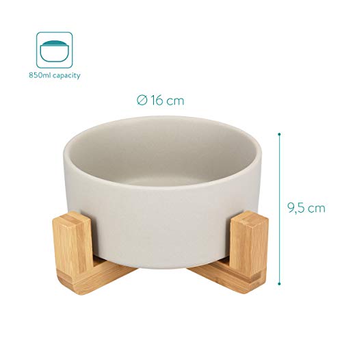 Navaris 2X Cuencos elevados para Mascotas - Comedero y Bebedero de cerámica para Perros Gatos Cachorros - con Soportes de bambú Antideslizante - en Gris