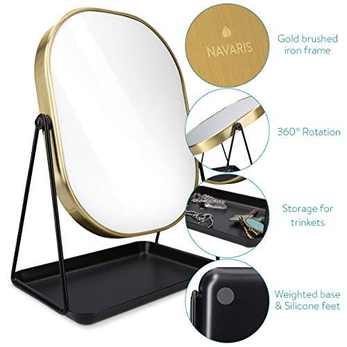 Navaris Espejo de Maquillaje para Mesa - Espejo para tocador baño - Accesorio Decorativo con Soporte y Base para Poner Joyas cosméticos - En Dorado