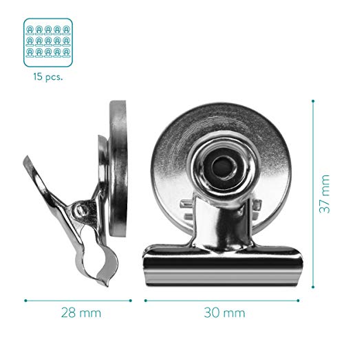 Navaris Set de Pinzas con imán para la Nevera - 15 Clips magnéticos para Pizarra Oficina Escuela o Cocina - en Plateado