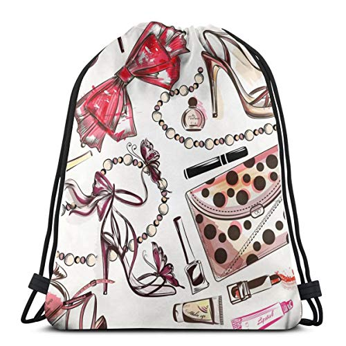 N/B Moda con zapatos de mujer dibujados a mano rosa lápiz labial perfume y otros cosméticos para mujeres y niñas, mochila con cordón, bolsa de deporte, bolsa de hombro, para hombres y mujeres