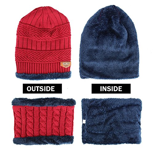 Ndier Conjunto De Bufanda Sombrero para Hombre y Mujer de Gorro de Invierno Unisex Sombrero Caliente de Punto Gorra Bufanda con Forro de Lana (Rojo)
