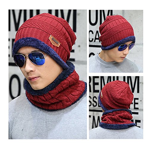 Ndier Conjunto De Bufanda Sombrero para Hombre y Mujer de Gorro de Invierno Unisex Sombrero Caliente de Punto Gorra Bufanda con Forro de Lana (Rojo)