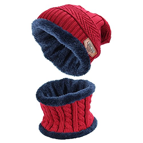 Ndier Conjunto De Bufanda Sombrero para Hombre y Mujer de Gorro de Invierno Unisex Sombrero Caliente de Punto Gorra Bufanda con Forro de Lana (Rojo)