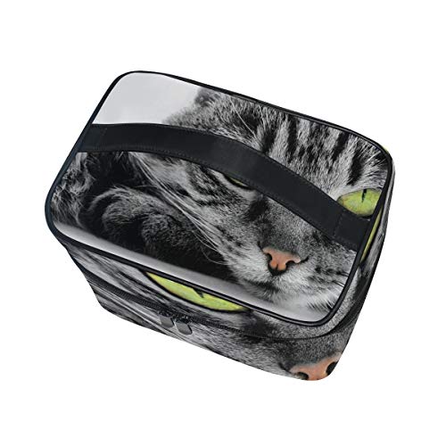 Neceser de maquillaje con diseño de gato con ojos verdes y cremallera