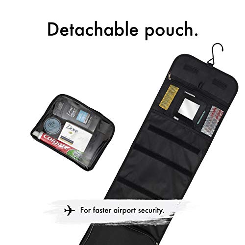 Neceser de Viaje Deluxe de Nomalite | Bolsa XL Viaje de Aseo Colgante, Plegable, Compacto y Negro para Hombre, Mujer y niño. Set Deluxe (Incluye Botellas de Viaje de Silicona y Espejo Desmontable).