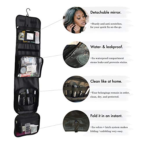 Neceser de Viaje Deluxe de Nomalite | Bolsa XL Viaje de Aseo Colgante, Plegable, Compacto y Negro para Hombre, Mujer y niño. Set Deluxe (Incluye Botellas de Viaje de Silicona y Espejo Desmontable).