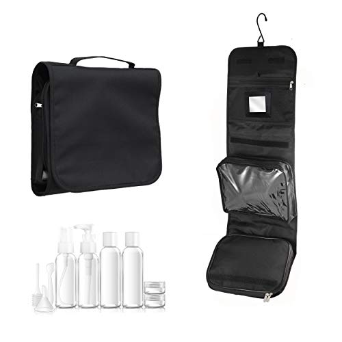 Neceser de Viaje Deluxe de Nomalite | Bolsa XL Viaje de Aseo Colgante, Plegable, Compacto y Negro para Hombre, Mujer y niño. Set Deluxe (Incluye Botellas de Viaje de Silicona y Espejo Desmontable).