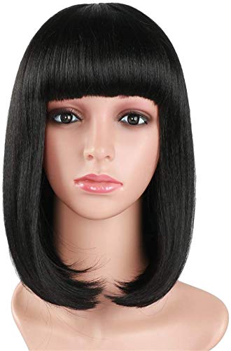 Negro Bob peluca corta 14 pulgadas plana flequillo Longitud del hombro Seda sintética suave Color natural peluca de las mujeres