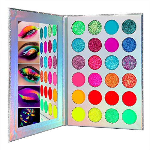 Neon 24 Colors Eyeshadow Palette Glitter - Matte Glow in Dark Makeup, Sombras De Ojos Fluorescentes Para Shade Festivals/Party/Halloween/Christmas