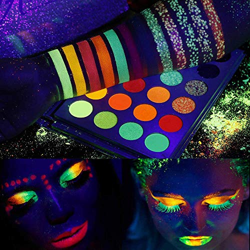 Neon Eyeshadow Palette Glow in the Dark, 24 colores Paletas de maquillaje altamente pigmentadas Sombra de ojos UV Glow Blacklight Matte and Glitter