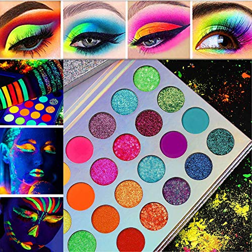 Neon Eyeshadow Palette Glow in the Dark, 24 colores Paletas de maquillaje altamente pigmentadas Sombra de ojos UV Glow Blacklight Matte and Glitter