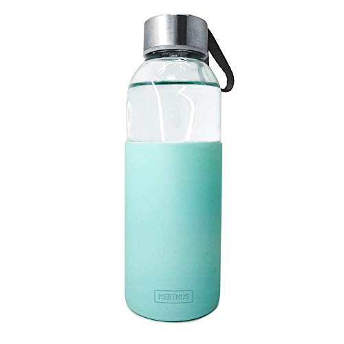 NERTHUS FIH 392 Botella de cristal 400ml, Antideslizante Silicona, color turquesa, 0.4 litros, Vidrio