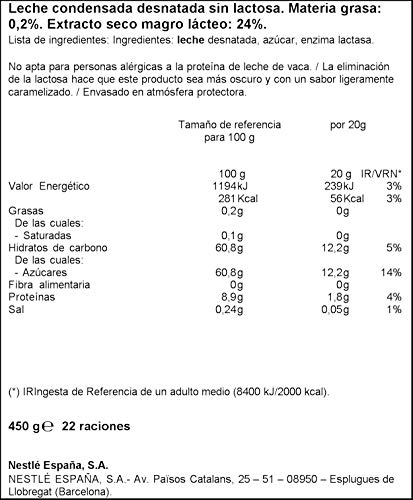 Nestlé La Lechera Leche Condensada desnatada sin Lactosa - Botella anti goteo - 450 gr