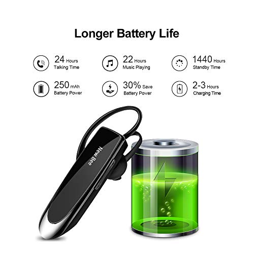 New Bee Auriculares Manos Libres, Auricular Bluetooth Inalámbrico Negocio con Micrófono Auricular para iPhone, Samsung, Huawei, Xiaomi, HTC, LG, Sony, PC 60 Días en Espera (Negro)