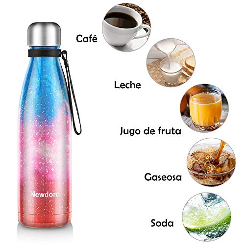 Newdora Botella de Agua Acero Inoxidable 500ml, Aislamiento de Vacío de Doble Pared, Botellas de Frío/Caliente, con 1 un Cepillo de Limpieza, para Niños, Deporte, Oficina, Gimnasio, Ciclismo