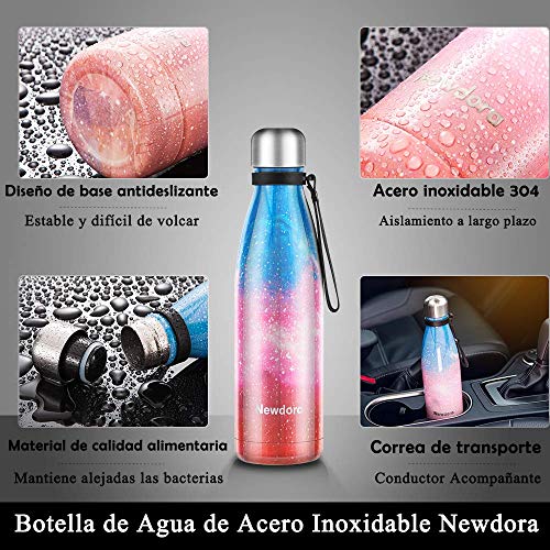 Newdora Botella de Agua Acero Inoxidable 500ml, Aislamiento de Vacío de Doble Pared, Botellas de Frío/Caliente, con 1 un Cepillo de Limpieza, para Niños, Deporte, Oficina, Gimnasio, Ciclismo